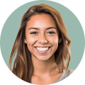 bg-client-review-1 - beachfrontcondopattaya Portrait of a smiling woman with long light brown hair against a teal circular background.