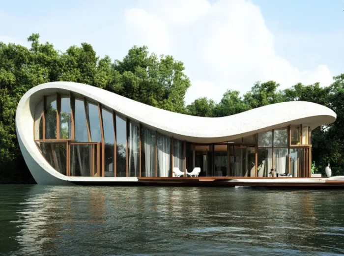 Modern curved houseboat with large glass walls docked on calm water, surrounded by trees.