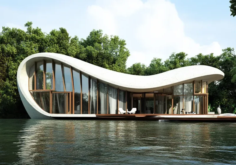Modern curved houseboat with large glass walls docked on calm water, surrounded by trees.