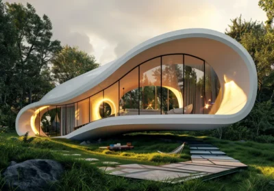 Futuristic white curved house nestled in a forest, with large glass walls and warm interior lighting at dusk.