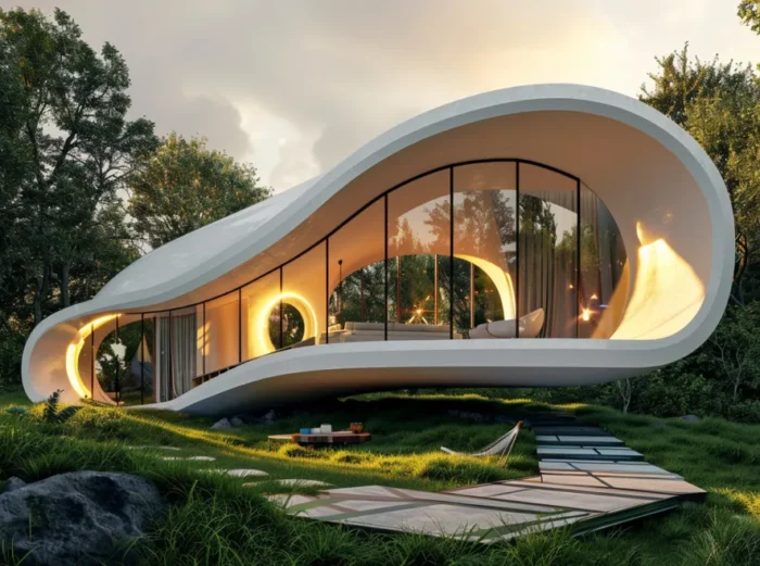 Futuristic white curved house nestled in a forest, with large glass walls and warm interior lighting at dusk.