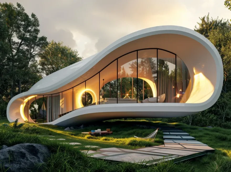 Futuristic white curved house nestled in a forest, with large glass walls and warm interior lighting at dusk.