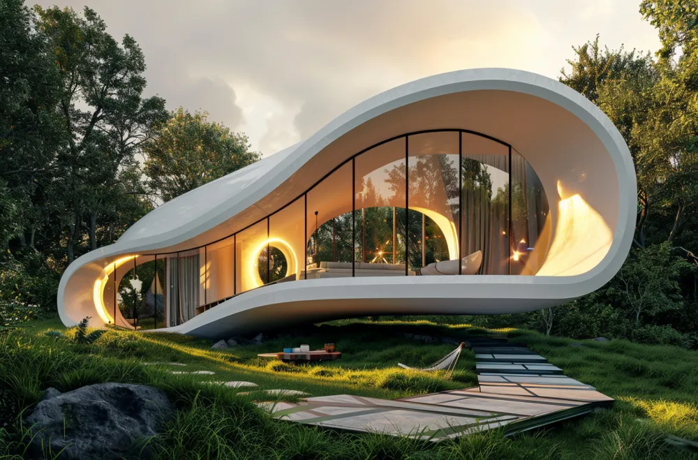 Futuristic white curved house nestled in a forest, with large glass walls and warm interior lighting at dusk.
