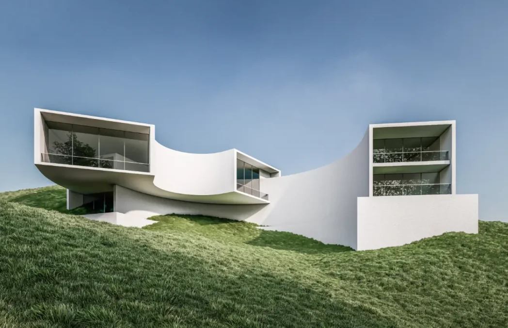 White modern hillside house with curved walls and large glass windows under a clear blue sky.