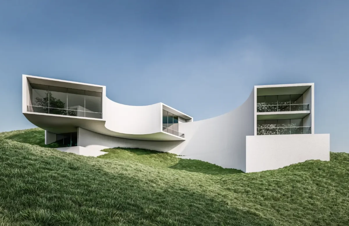 White modern hillside house with curved walls and large glass windows under a clear blue sky.