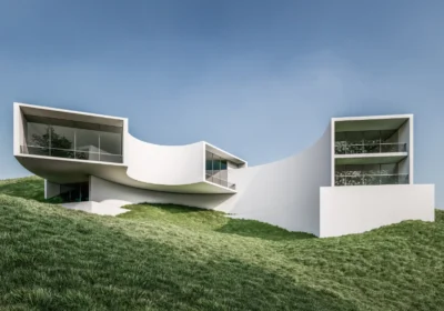 White modern hillside house with curved walls and large glass windows under a clear blue sky.
