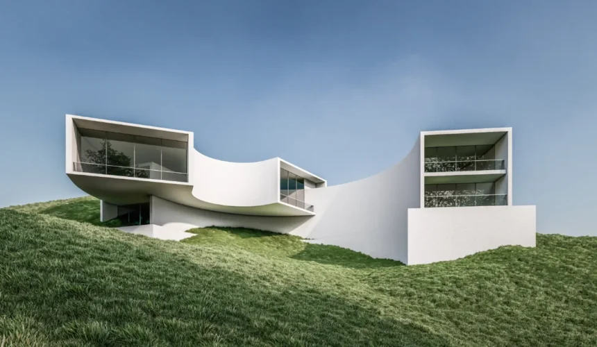 White modern hillside house with curved walls and large glass windows under a clear blue sky.