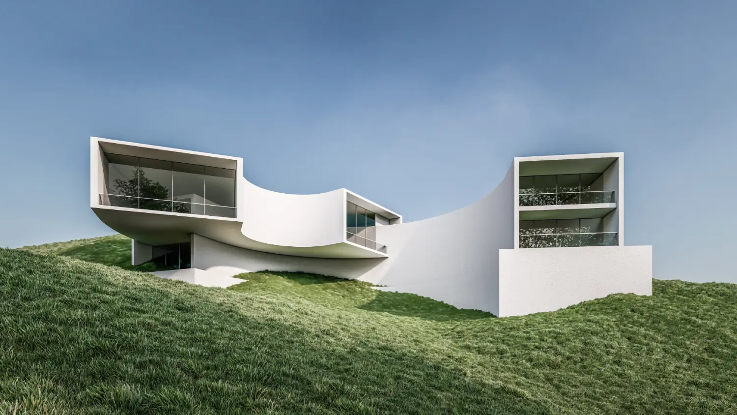 White modern hillside house with curved walls and large glass windows under a clear blue sky.