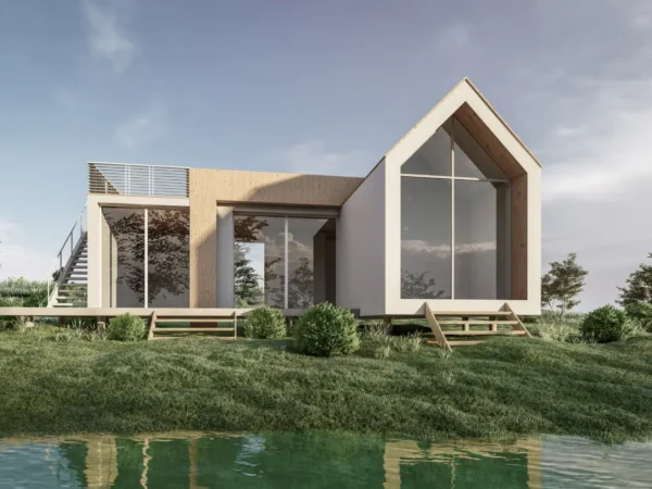 Modern two‑story house with large glass walls and a wooden accent, on a grassy bank by a calm pond.