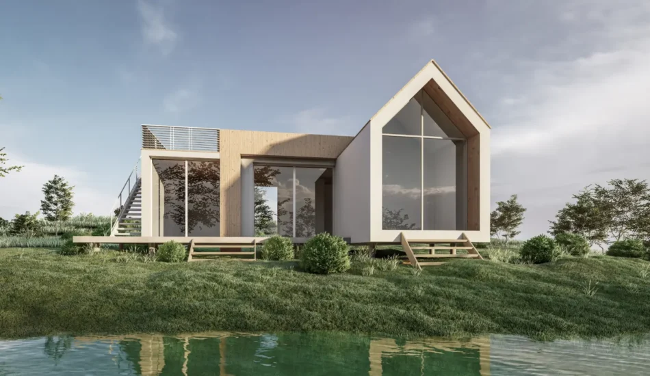 Modern two‑story house with large glass walls and a wooden accent, on a grassy bank by a calm pond.