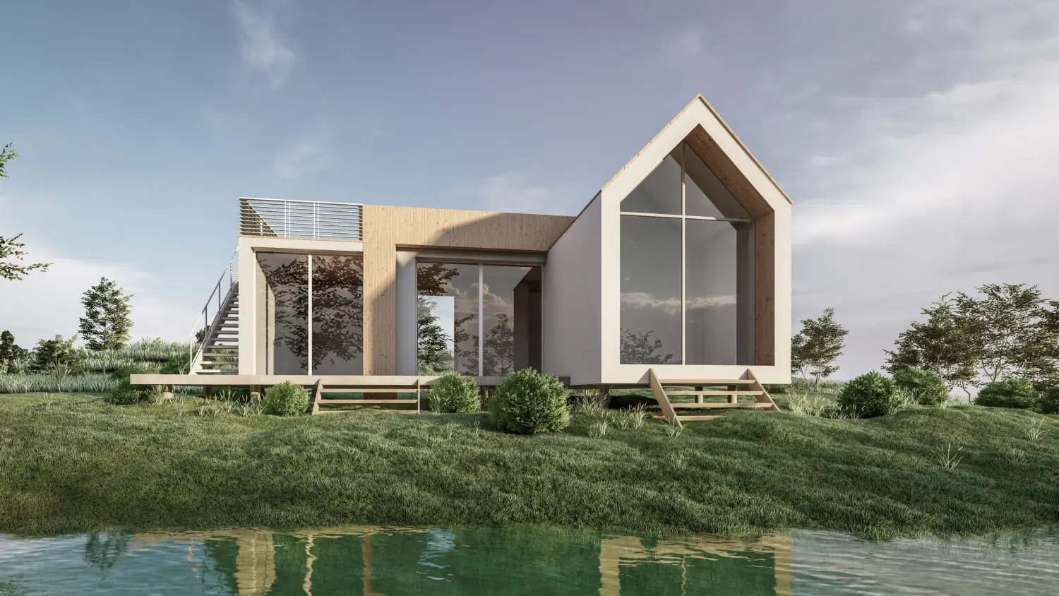 Modern two‑story house with large glass walls and a wooden accent, on a grassy bank by a calm pond.
