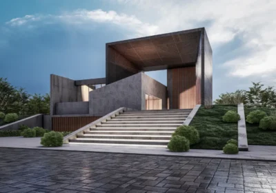 Modern concrete building with a large rectangular frame, reached by illuminated stairs and well-kept landscaping on a sloped site.