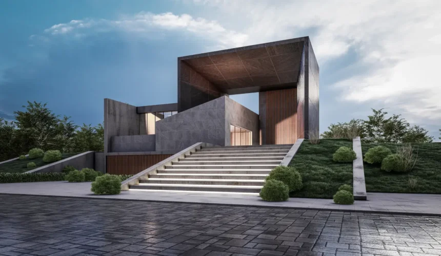 Modern concrete building with a large rectangular frame, reached by illuminated stairs and well-kept landscaping on a sloped site.