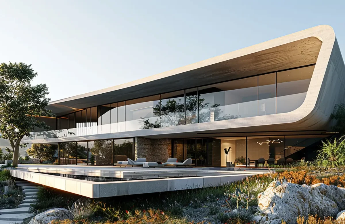 Contemporary two‑story house with a curved concrete frame, floor‑to‑ceiling glass walls, and an outdoor lounge on a raised deck.
