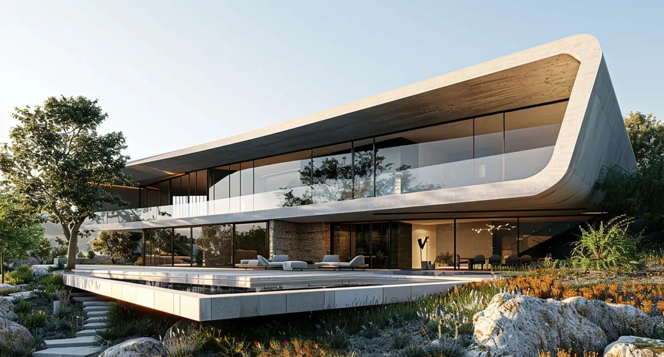 Contemporary two‑story house with a curved concrete frame, floor‑to‑ceiling glass walls, and an outdoor lounge on a raised deck.