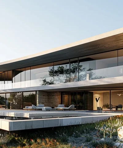 Contemporary two‑story house with a curved concrete frame, floor‑to‑ceiling glass walls, and an outdoor lounge on a raised deck.