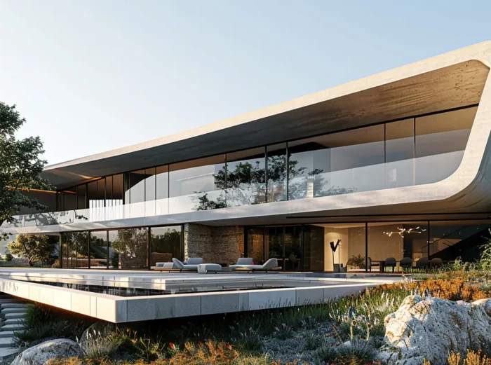 Contemporary two‑story house with a curved concrete frame, floor‑to‑ceiling glass walls, and an outdoor lounge on a raised deck.