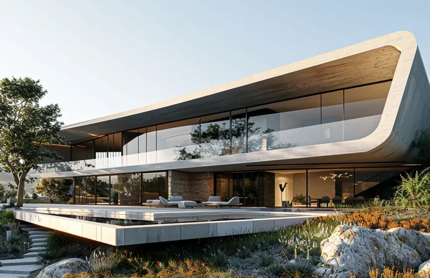 Contemporary two‑story house with a curved concrete frame, floor‑to‑ceiling glass walls, and an outdoor lounge on a raised deck.