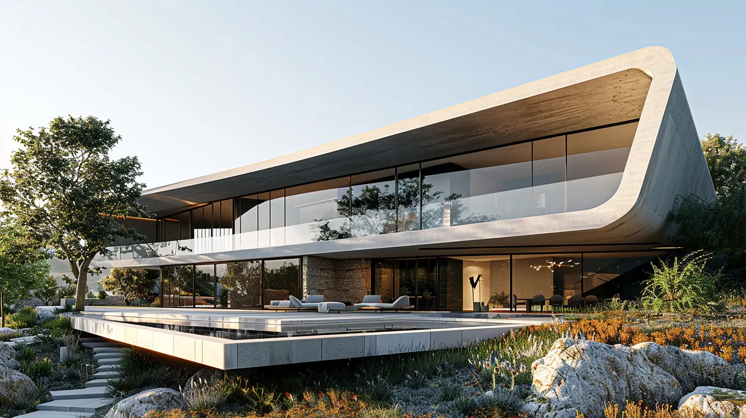 Contemporary two‑story house with a curved concrete frame, floor‑to‑ceiling glass walls, and an outdoor lounge on a raised deck.