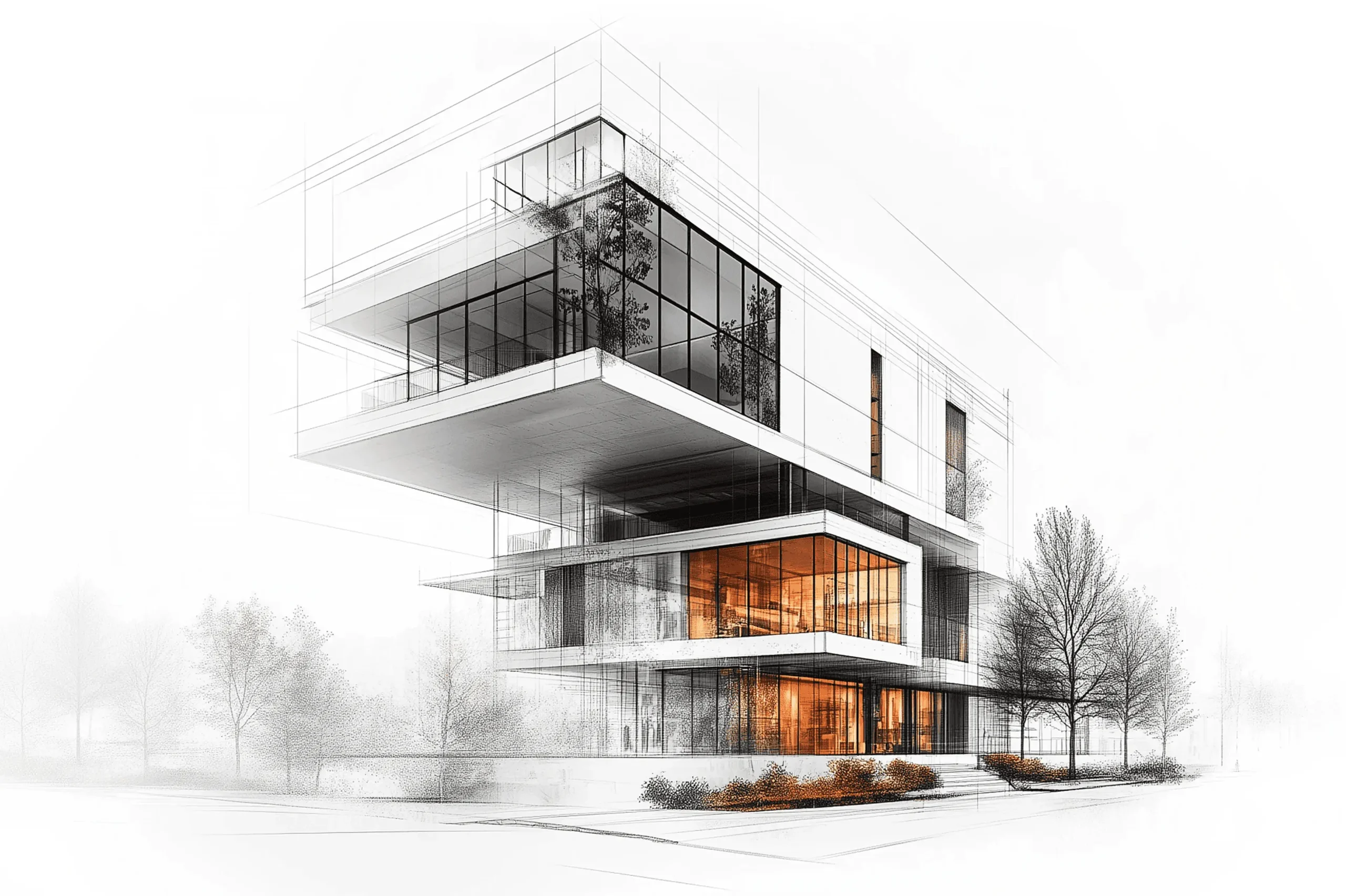 img-home-demo - beachfrontcondopattaya Modern multi-story building rendering with glass facade and orange-tinted interior lighting; perspective view from street level