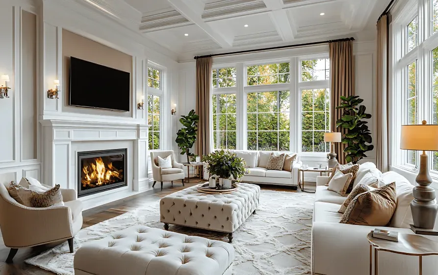 Luxurious white living room with tufted ottoman, cream sofas, and a fireplace beneath a wall-mounted TV.