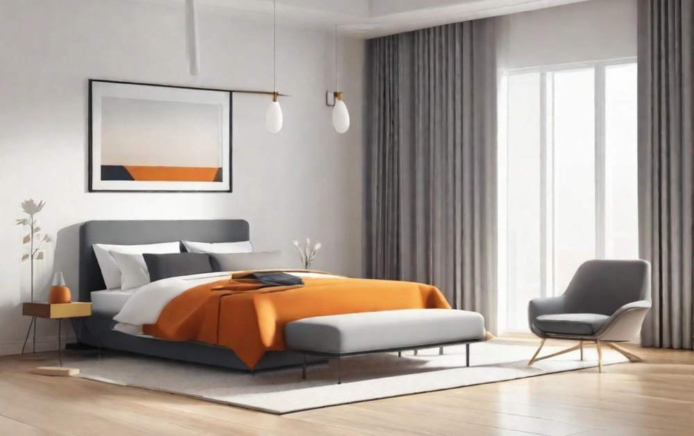 Modern bedroom with a gray upholstered bed, orange blanket, bench at the foot, and a large window with gray curtains.