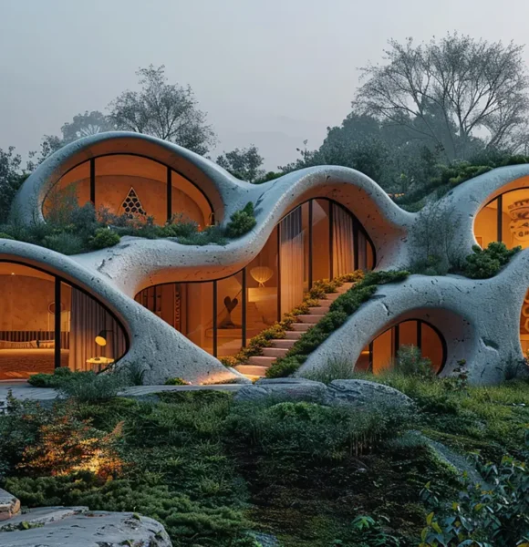 Organic, bubble-shaped hillside home with warm-lit interiors and a central curved stairway weaving through connected pods amid a forest.