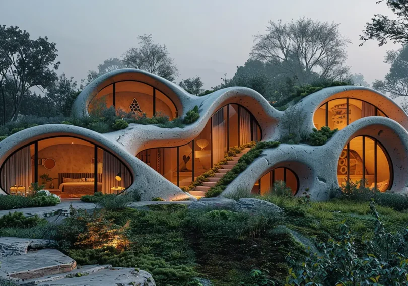 Organic, bubble-shaped hillside home with warm-lit interiors and a central curved stairway weaving through connected pods amid a forest.