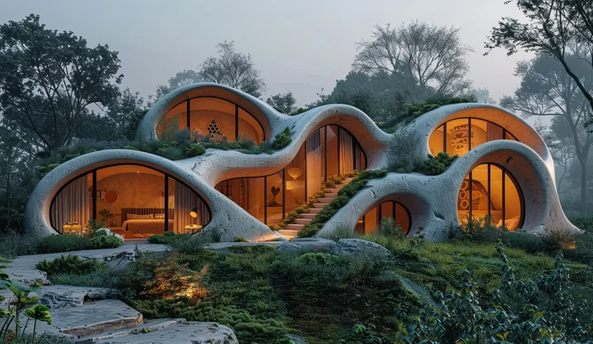 Organic, bubble-shaped hillside home with warm-lit interiors and a central curved stairway weaving through connected pods amid a forest.