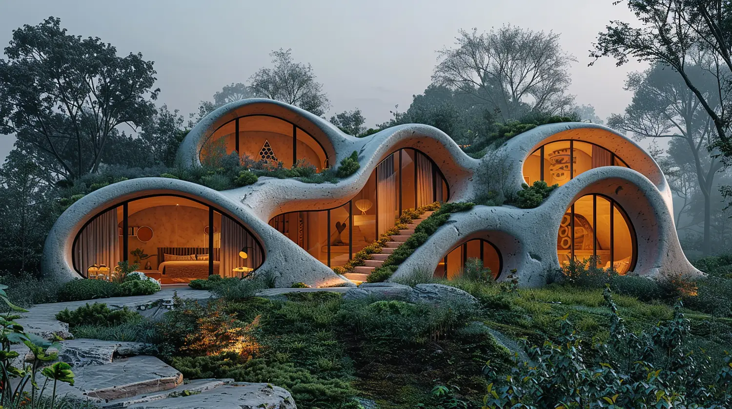 Organic, bubble-shaped hillside home with warm-lit interiors and a central curved stairway weaving through connected pods amid a forest.