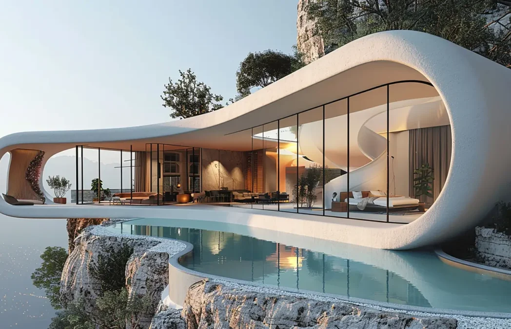 Clifftop modern villa with a curved white exterior and floor-to-ceiling glass walls overlooking an infinity pool at sunset.