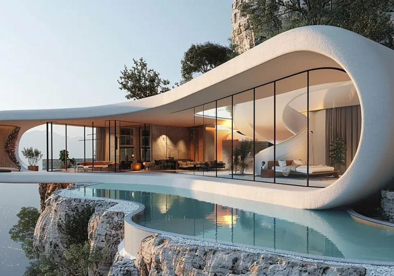 Clifftop modern villa with a curved white exterior and floor-to-ceiling glass walls overlooking an infinity pool at sunset.