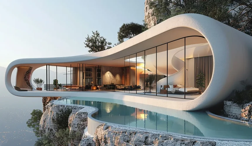Clifftop modern villa with a curved white exterior and floor-to-ceiling glass walls overlooking an infinity pool at sunset.