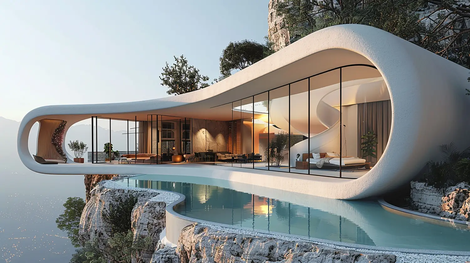 Clifftop modern villa with a curved white exterior and floor-to-ceiling glass walls overlooking an infinity pool at sunset.