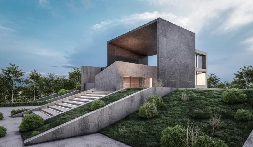 Modern concrete house on a terraced hillside with wide staircase and manicured shrubbery, under a blue sky.