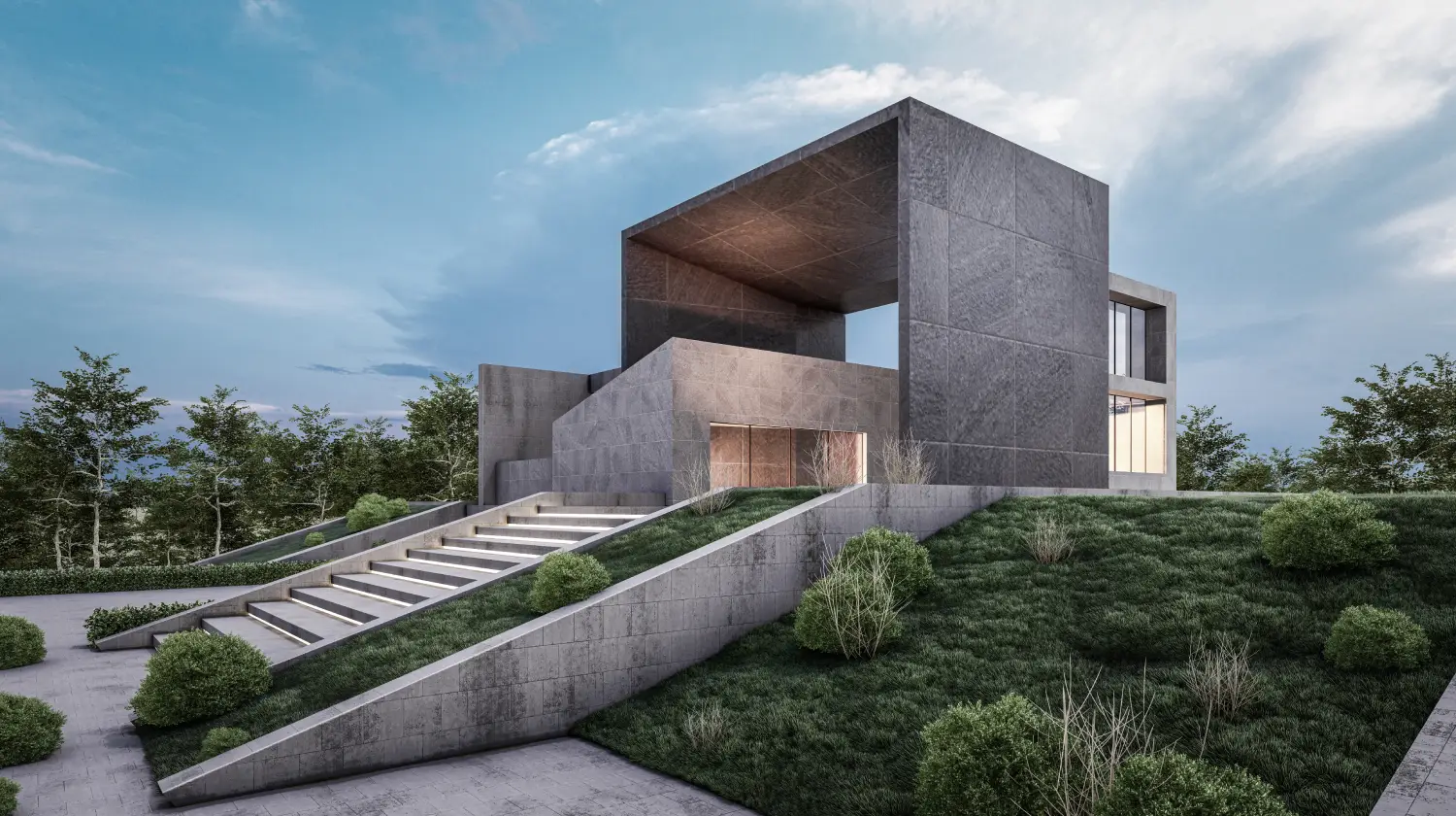 Modern concrete house on a terraced hillside with wide staircase and manicured shrubbery, under a blue sky.