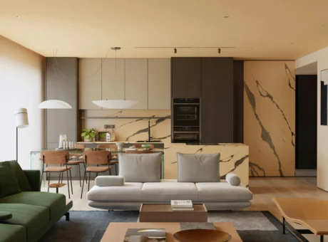 Open-plan living area with marble kitchen backsplash, beige and dark cabinets, and a green sofa facing a glass coffee table.