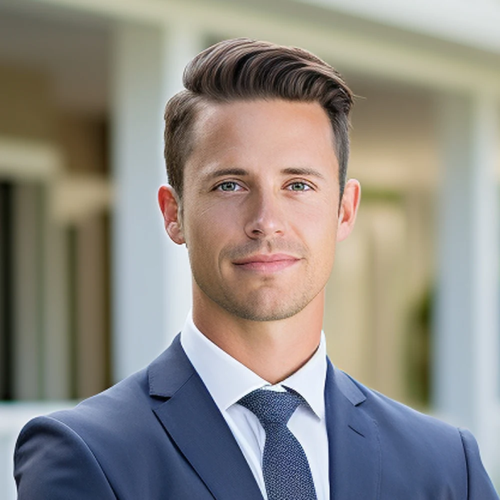 Professional headshot of a man in a navy suit and light blue tie, smiling slightly outdoors.