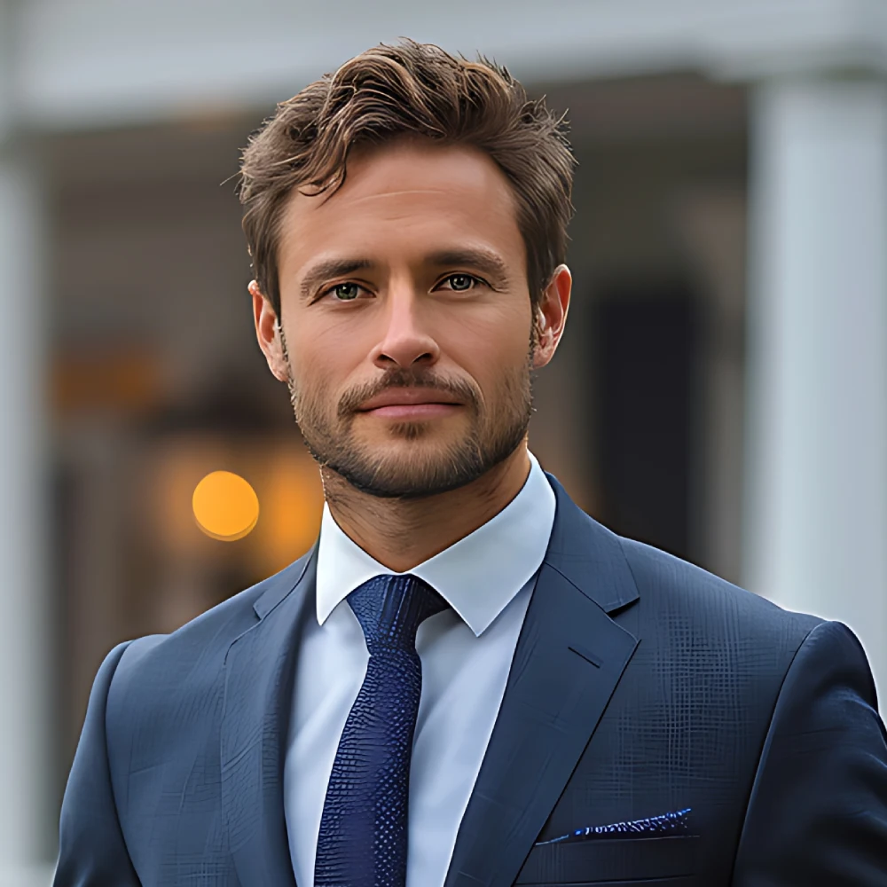 Portrait of a man in a navy blue suit and blue tie, looking at the camera outdoors.