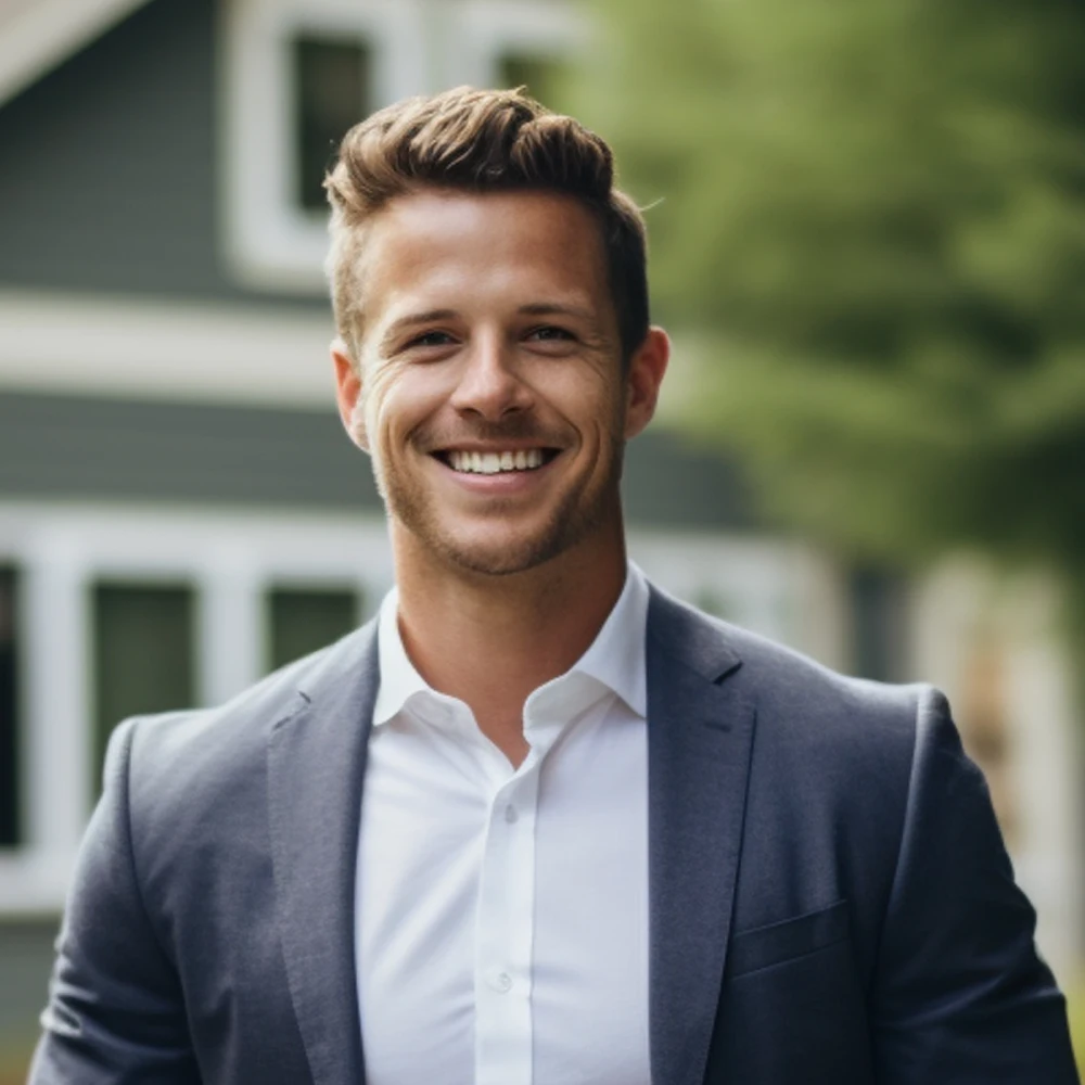 Smiling man in a navy blazer and white shirt standing outdoors with a blurred house and greenery in the background.