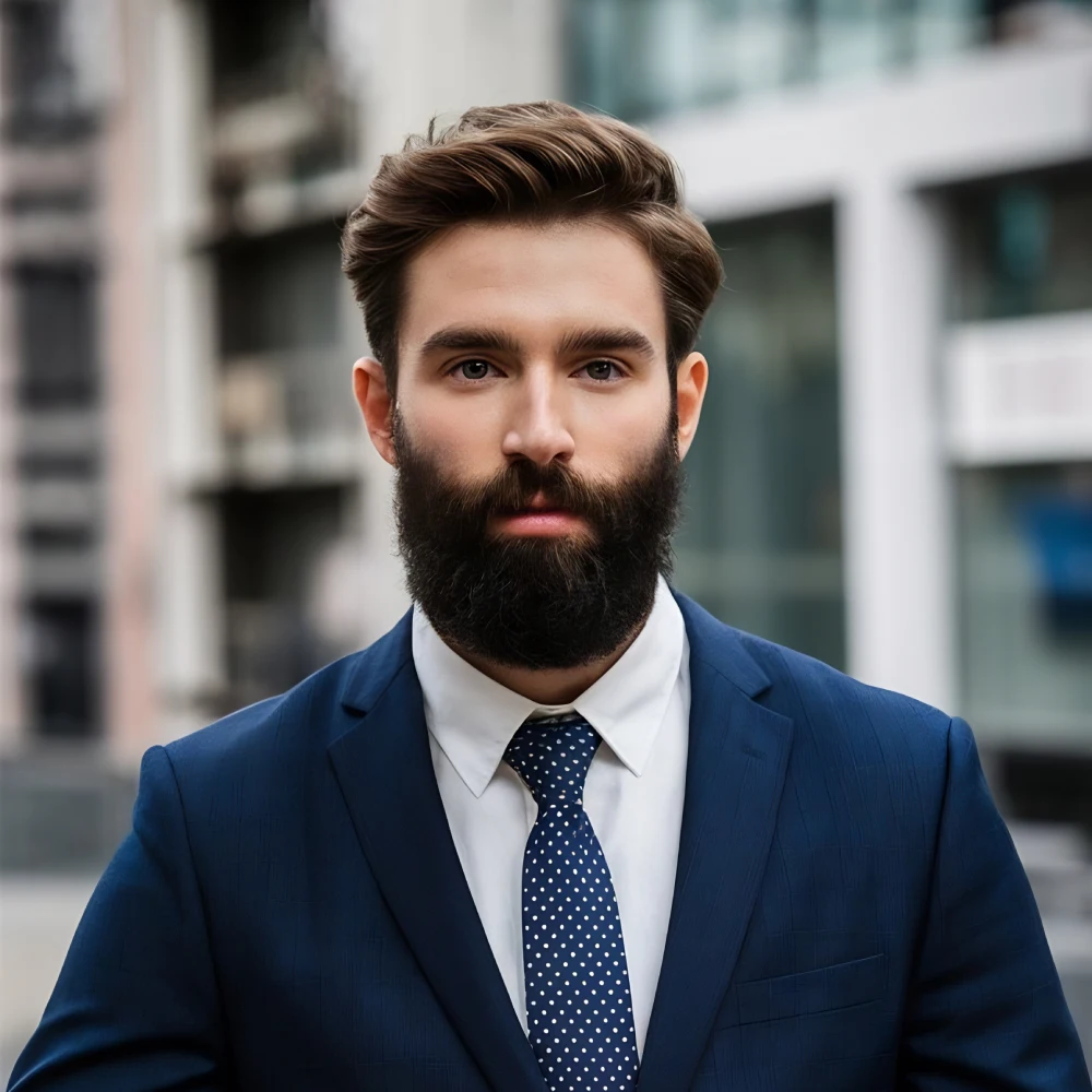Bearded man in a navy suit and white shirt, standing outdoors in an urban area. (Professional portrait)