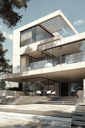 Modern multi-story house with white stone facade, large glass windows, and spacious balconies overlooking steps and patio.