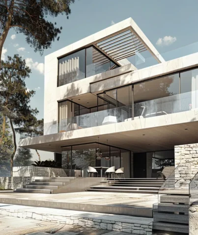 user-review-h1 Modern multi-story house with white stone facade, large glass windows, and spacious balconies overlooking steps and patio.