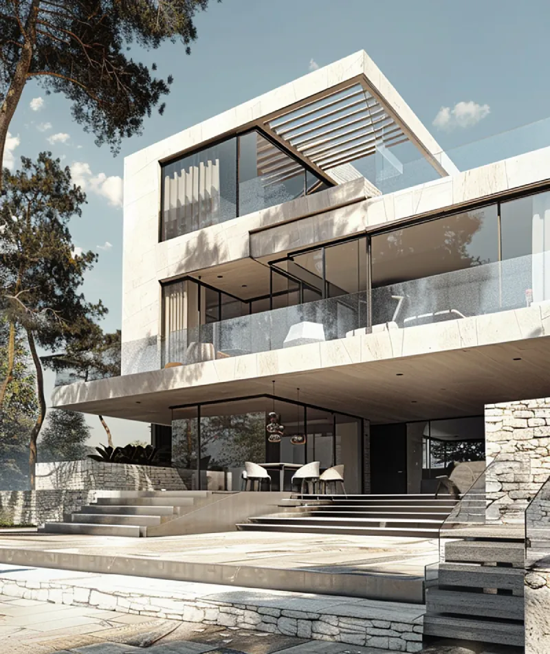 Modern multi-story house with white stone facade, large glass windows, and spacious balconies overlooking steps and patio.