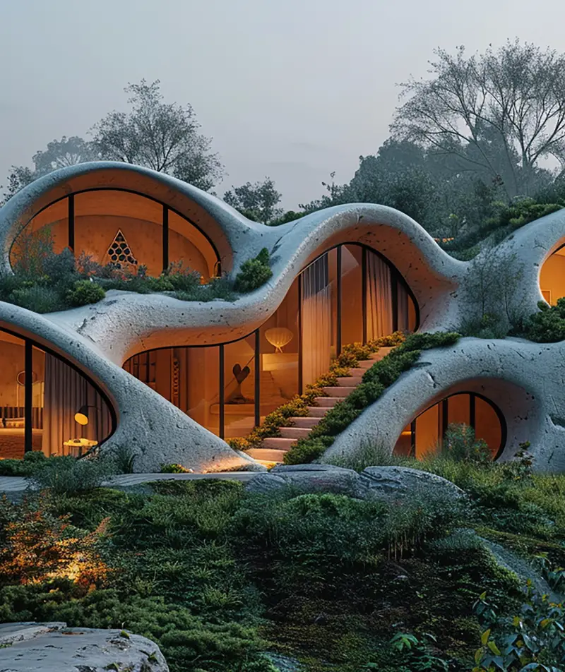 Organic, wave-shaped housing complex with glass walls, warm interior lighting, and integrated greenery at dusk. A futuristic hillside residence with rounded, tunnel-like rooms connected by curving walkways.