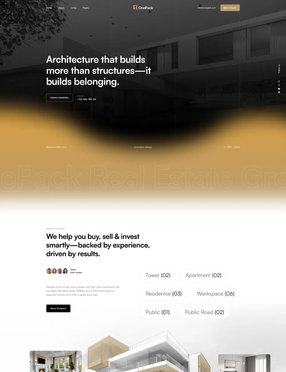 Hero image of a modern building with bold white headline: 'Architecture that builds more than structures—it builds belonging.' with a dark overlay and top navigation.