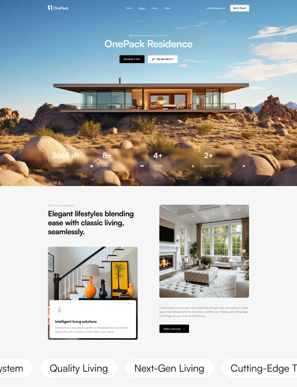 Luxurious modern house perched on a rocky hill with glass walls and a expansive deck under a blue sky, showcasing a desert landscape.
