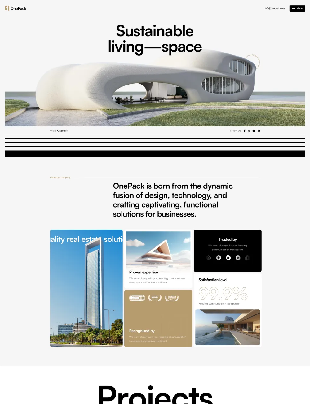Hero header for OnePack: bold 'Sustainable living space' over a white futuristic building by the coast with the OnePack logo top-left.