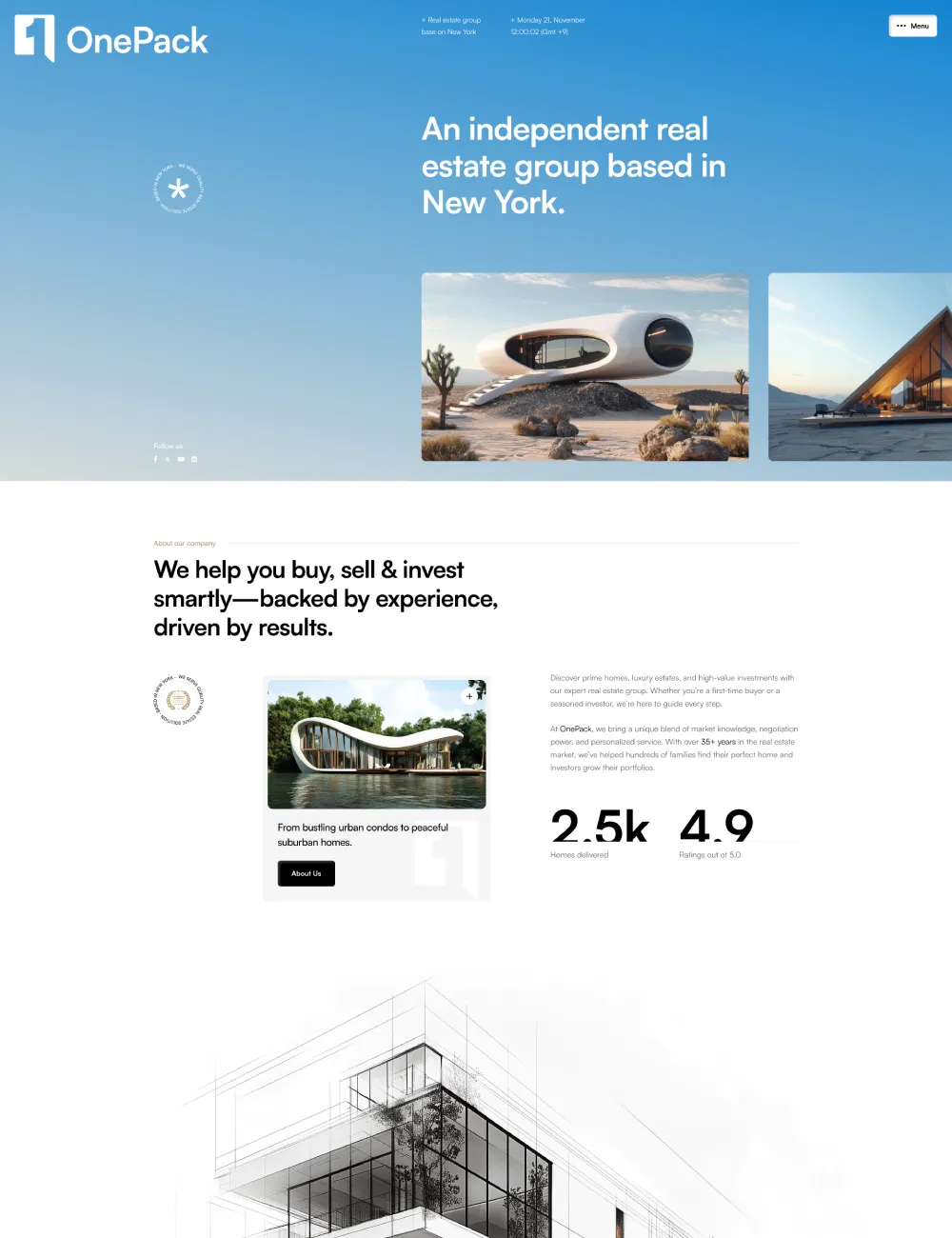 Blue gradient hero banner with OnePack logo and the headline 'An independent real estate group based in New York.'