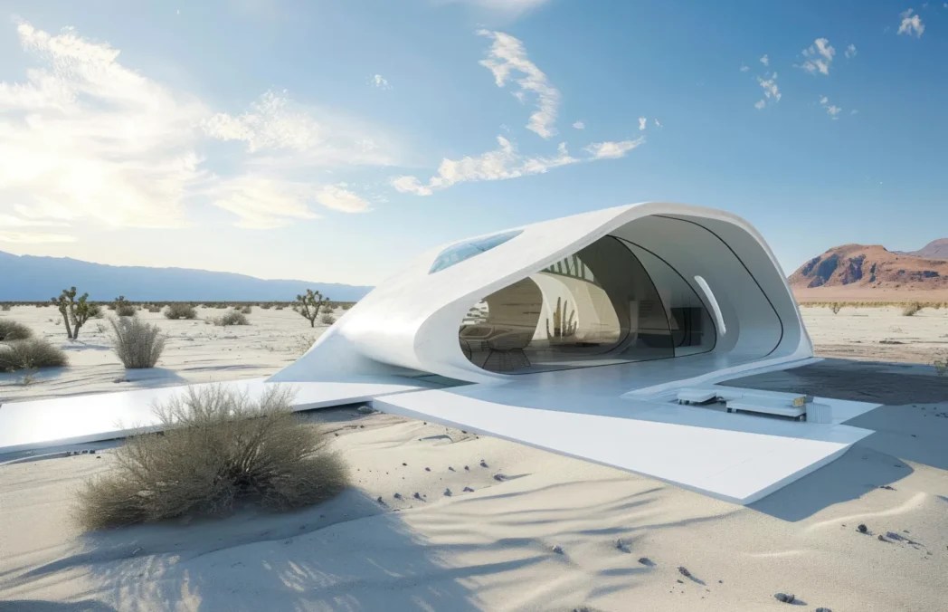 Futuristic white curved pavilion in a desert landscape with glass walls and long shadows on sand.